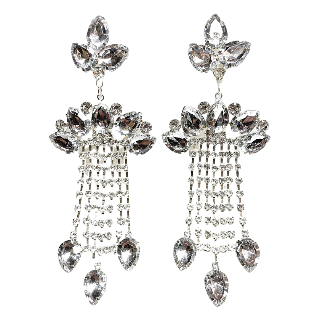 Silver and Crystal Tassel Clip on Earrings