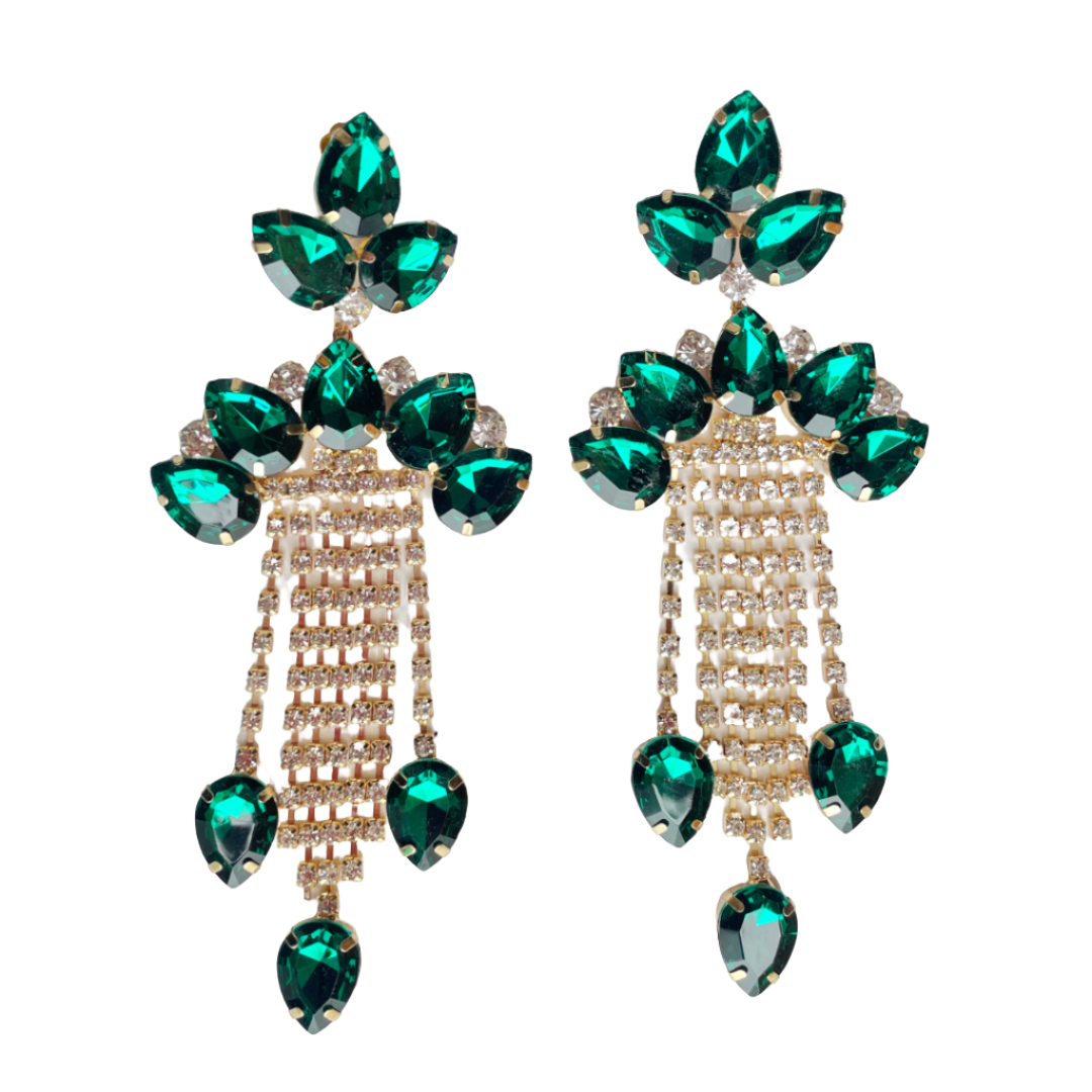 Green and Crystal Tassel Clip on Earrings
