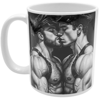 Strong men embracing mug