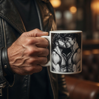 Strong men embracing mug