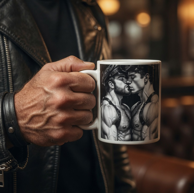 Strong men embracing mug