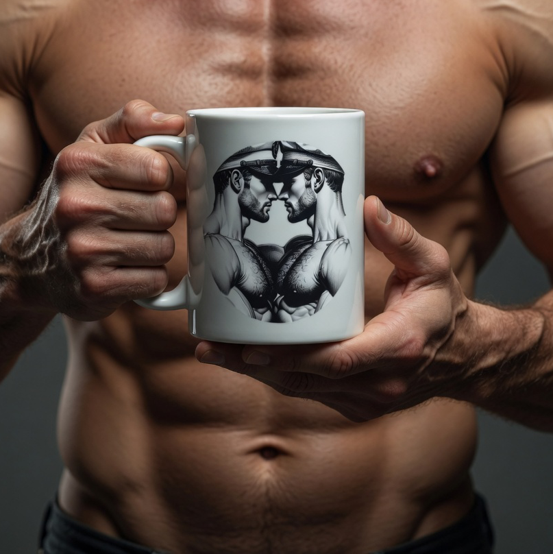 Strong sailors embracing mug