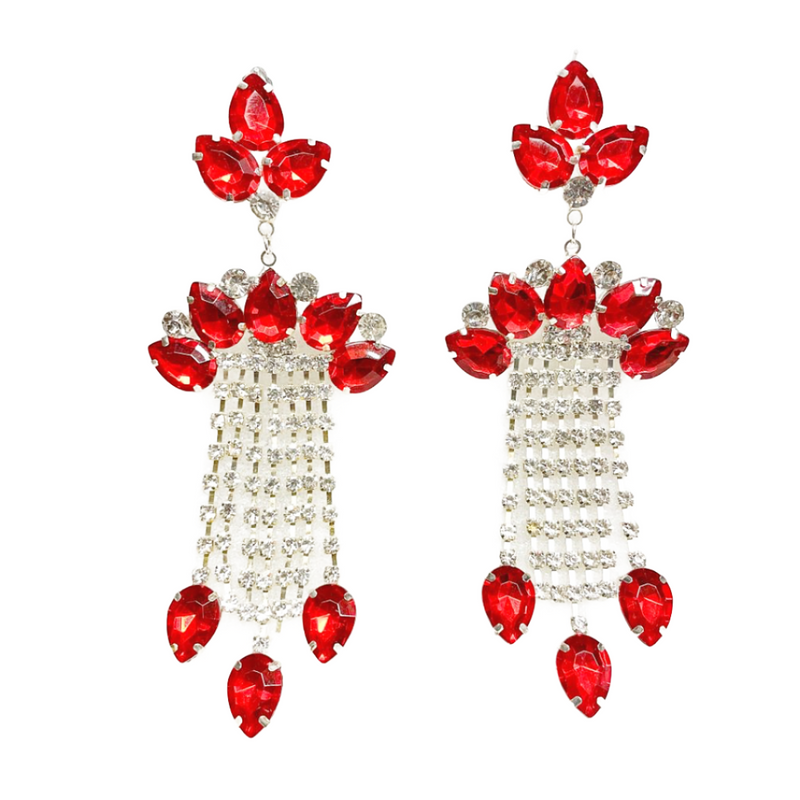 Red and Crystal Tassel Clip on Earrings
