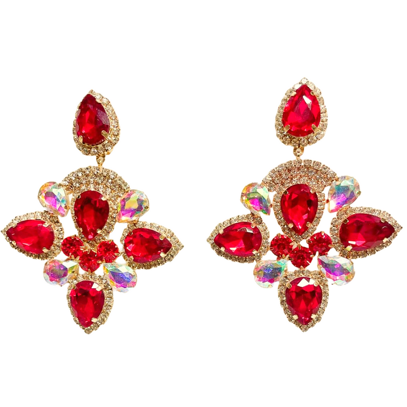 Red Crystal  Clip on Drop Earrings