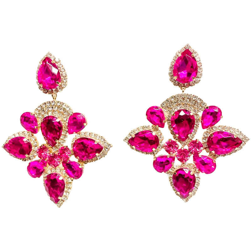 Pink Crystal  Clip on Drop Earrings