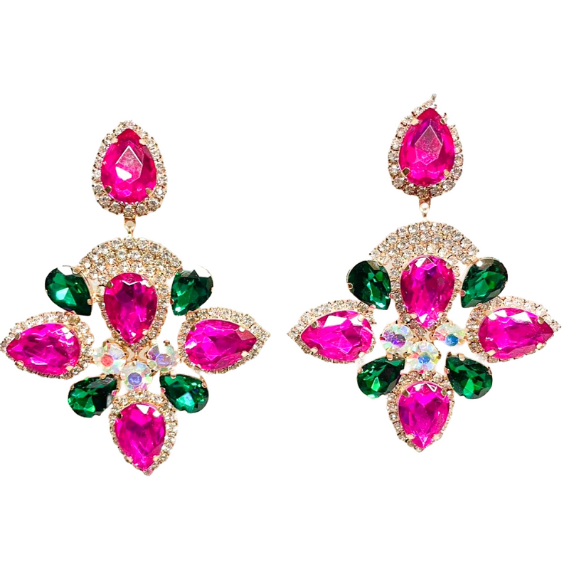 Pink and Green Crystal  Clip on Drop Earrings